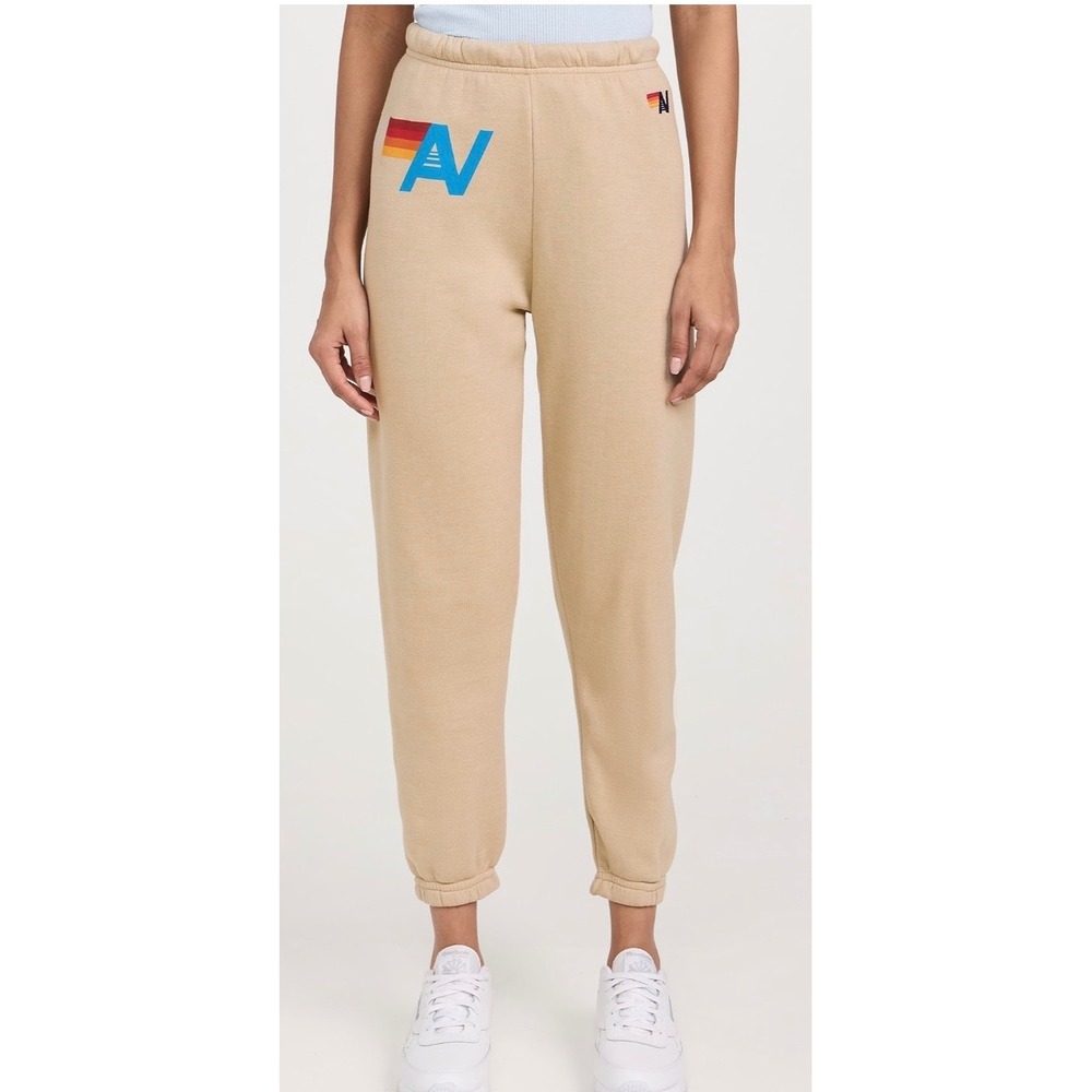 Aviator Nation Logo Sweatpants Tan Rainbow Stripe Joggers Size L